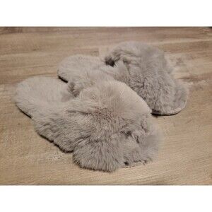Lauren Conrad LC X-Band Criss Cross Faux Fur Gray Slippers Sz L (8-9)